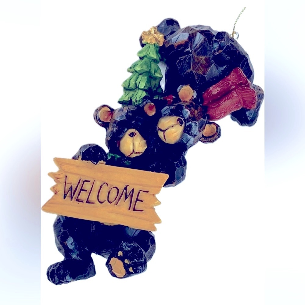 Large 6” - Y2K Double Bear hanging Welcome sign ornament with Christmas Tree